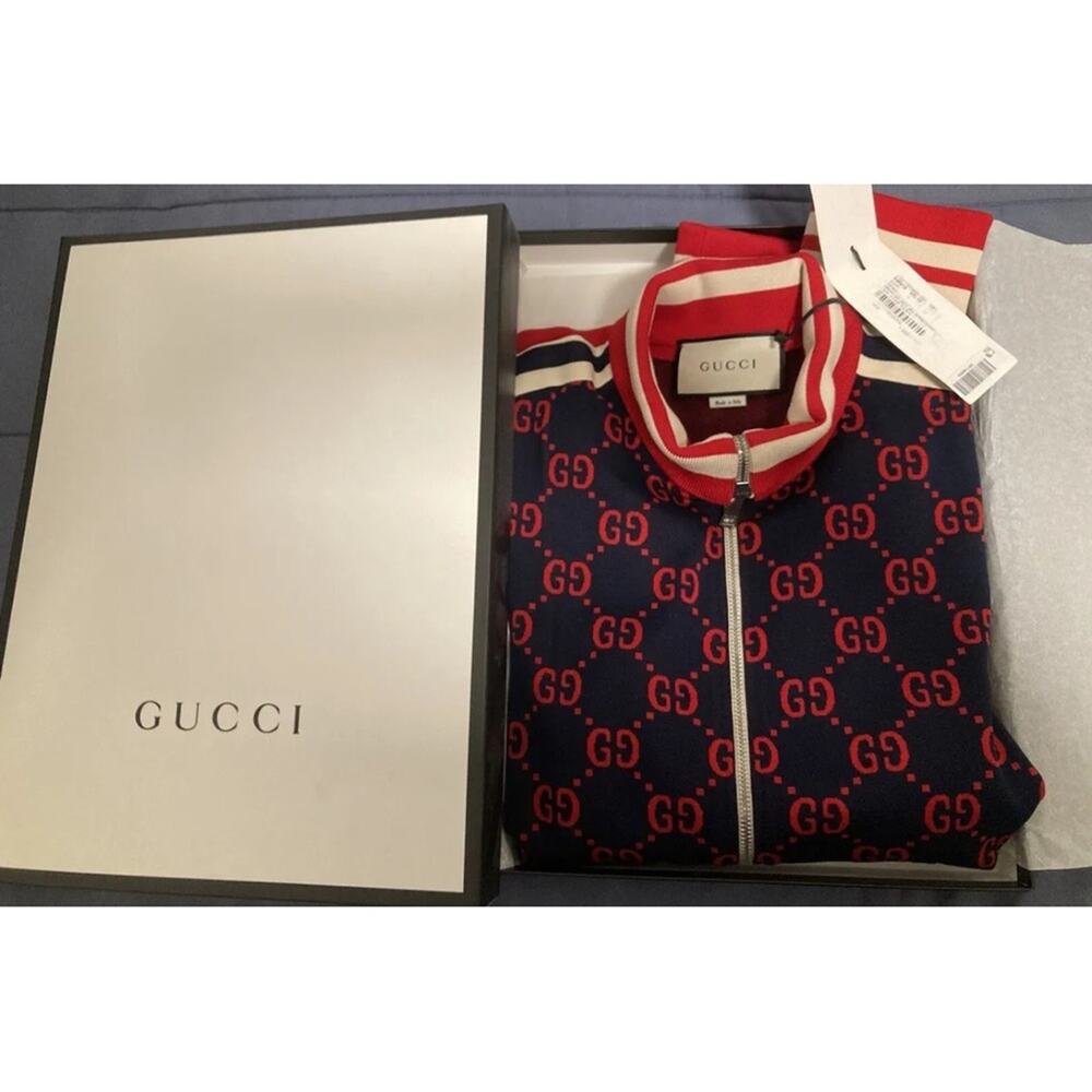 GUCCI Monogram GG Track Jacket Men’s LARGE blue red print NEW